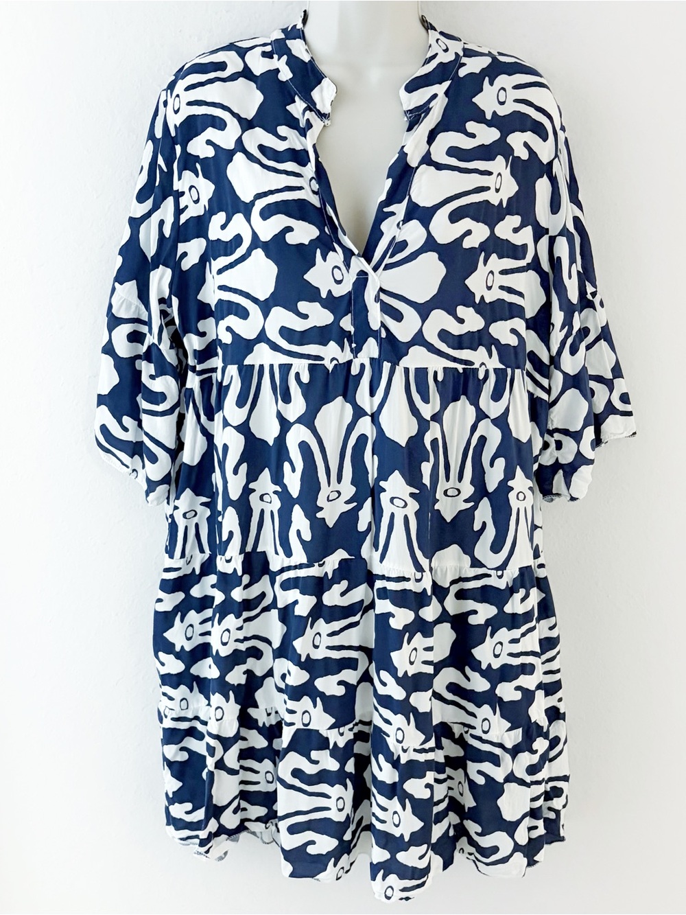 Navy & White Printed V-Neck Tunic Dress